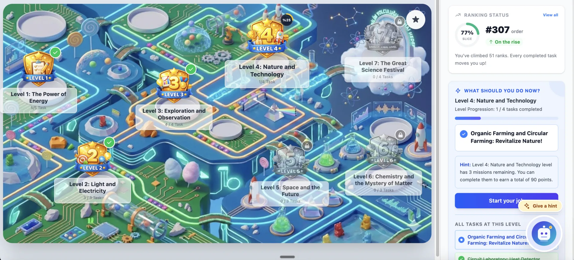 The Imona game map: three levels completed, level four in progress, and a panel naming the next mission